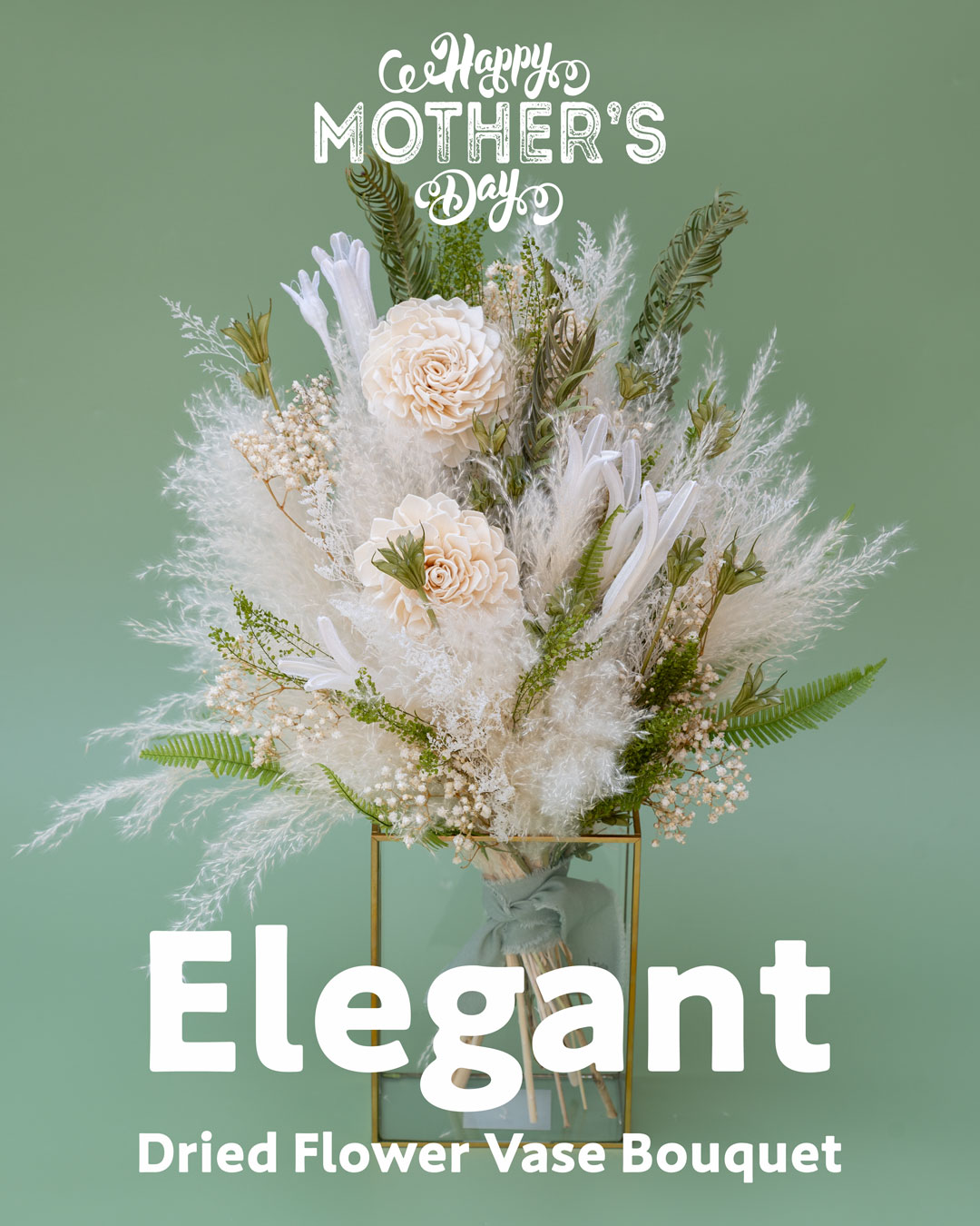 ⑦母の日ドライフラワー花束2025【ホワイトグリーン花束】Elegant